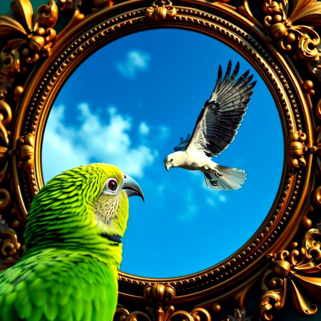 Budgie Meets Eagle in Mirror - Fantastical Matte Painting