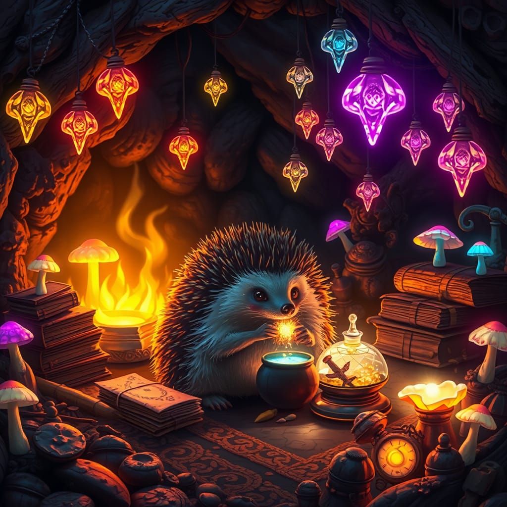 Hedgehog Alchemist in Mystical Underground Lair