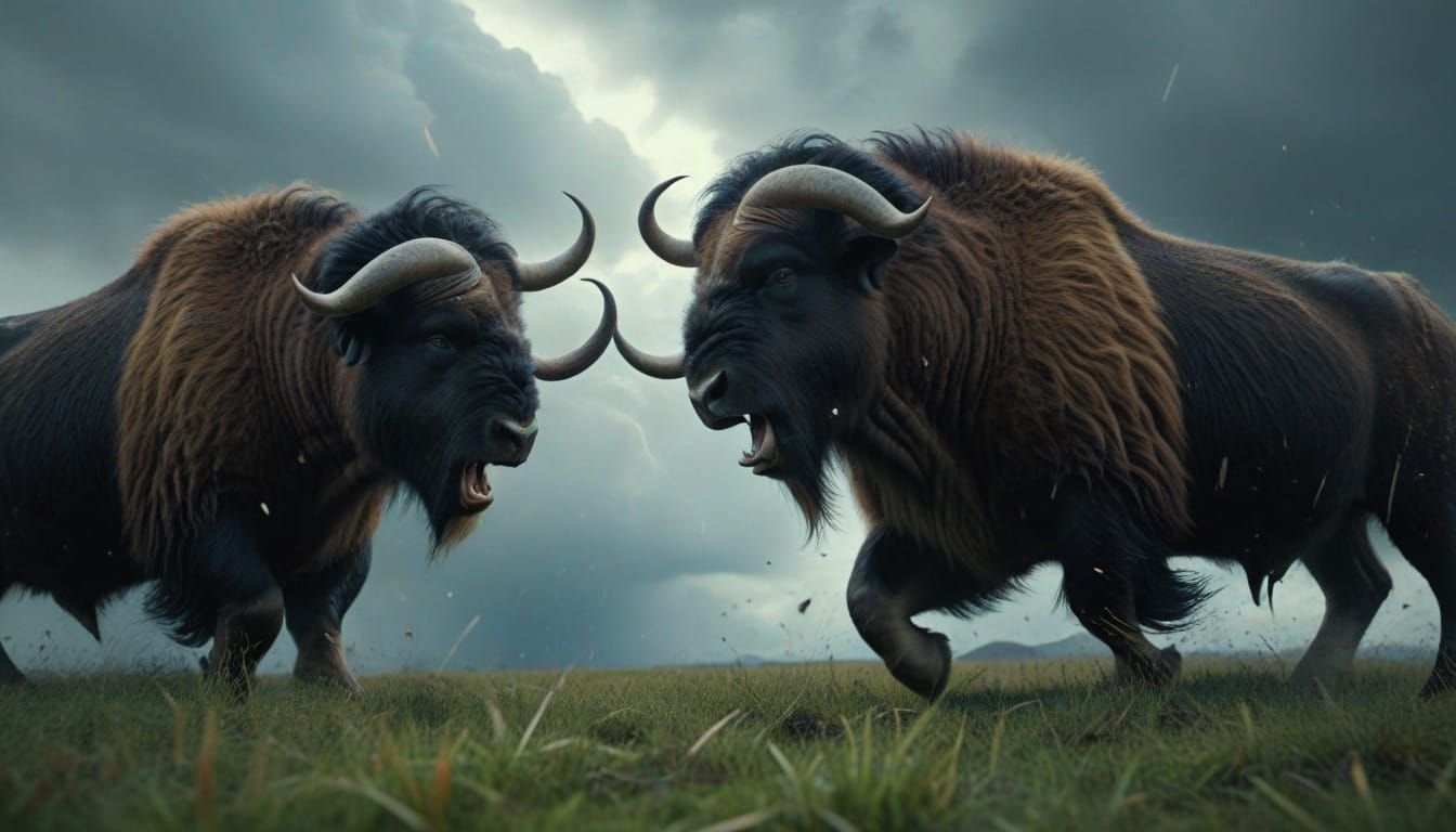 Musk-Oxen Clash in Epic Cinematic Digital Painting