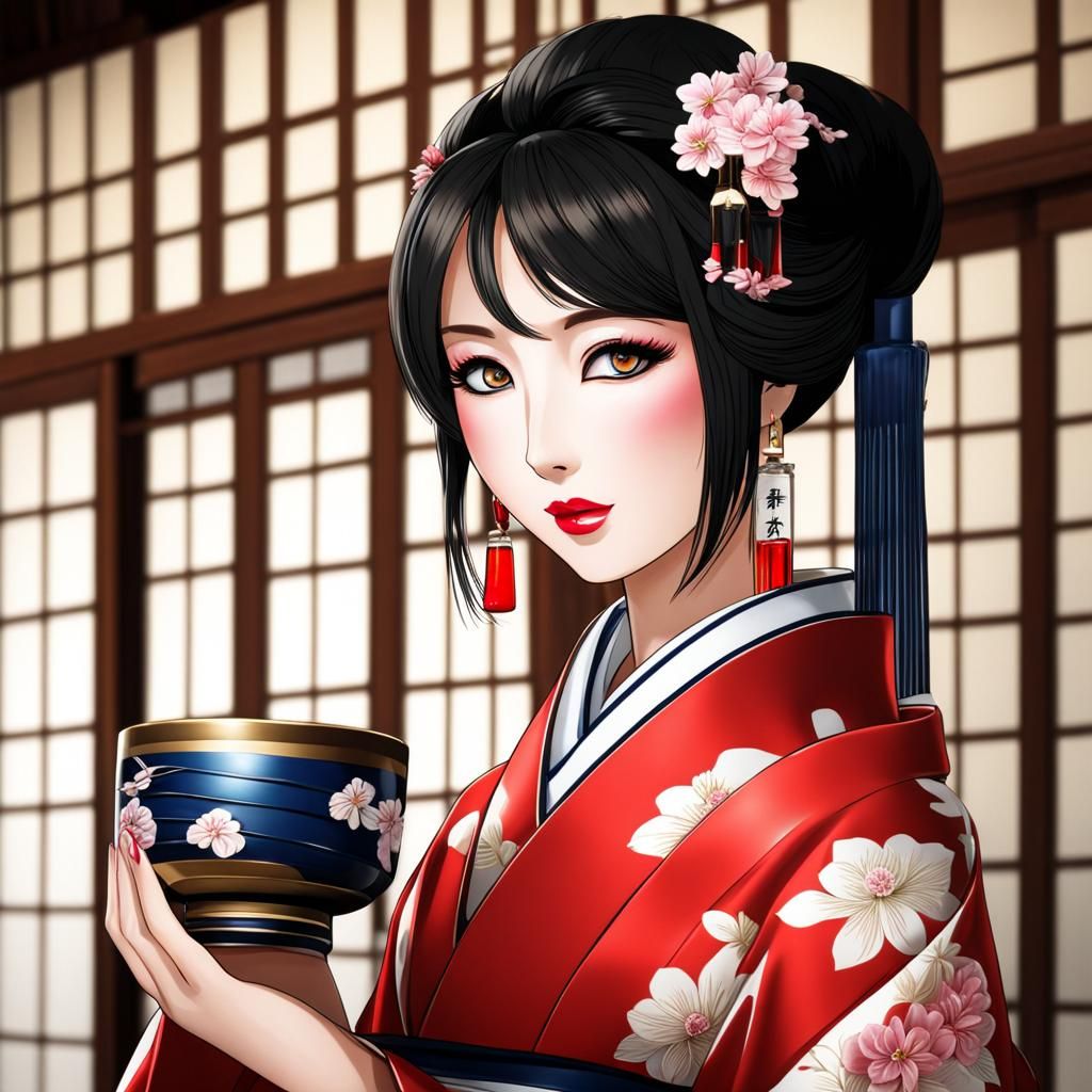 Elegant Woman Drinking Sake from Cup