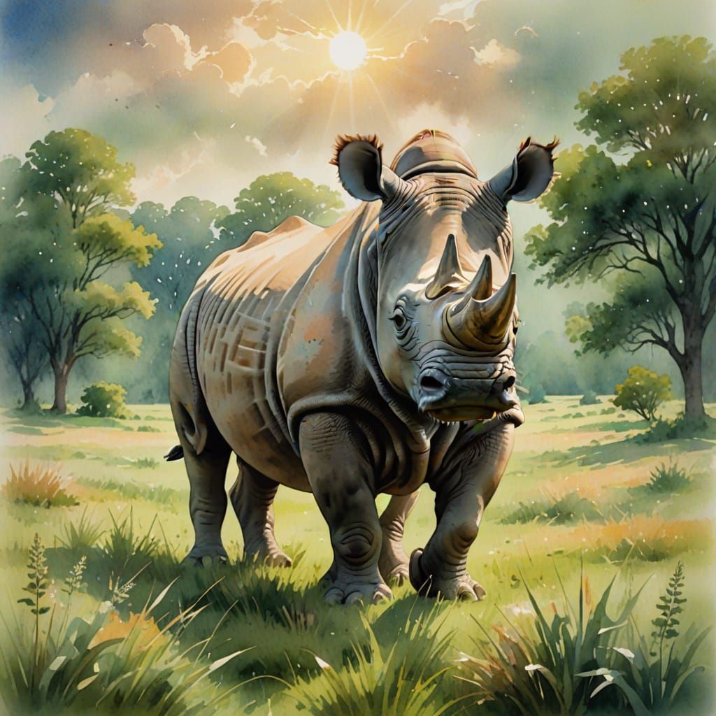 Surreal Watercolor Rhinoceros in Serene Meadow Landscape
