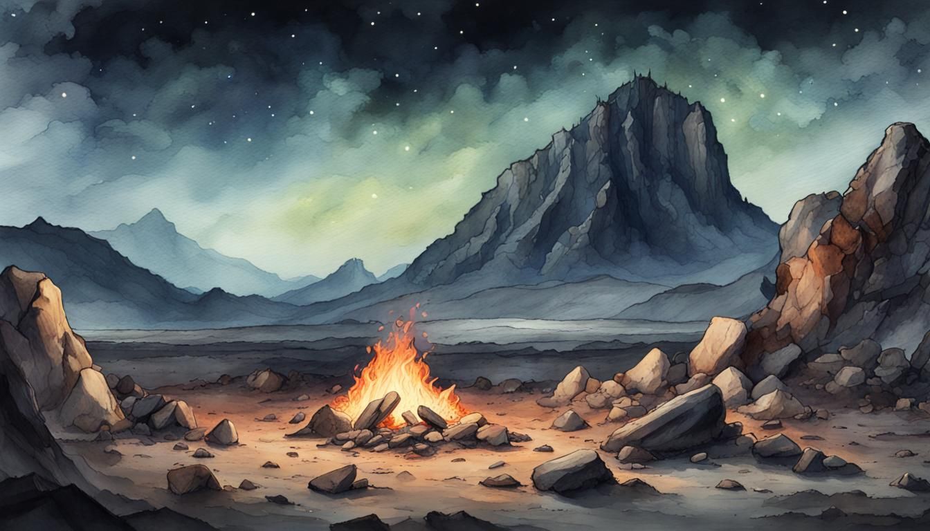 Watercolor Landscape: Barren Rocks and Campfire at Night