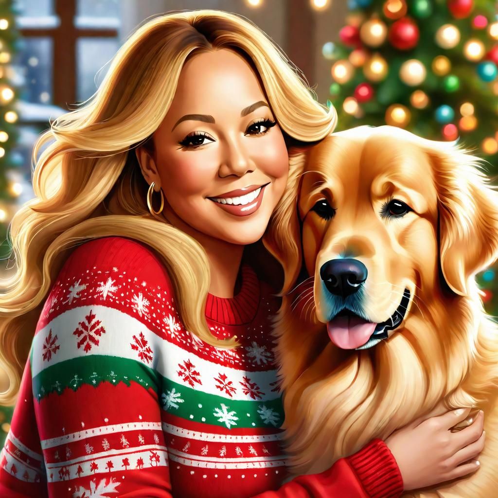 Mariah Carey Holiday Portrait with Golden Retriever