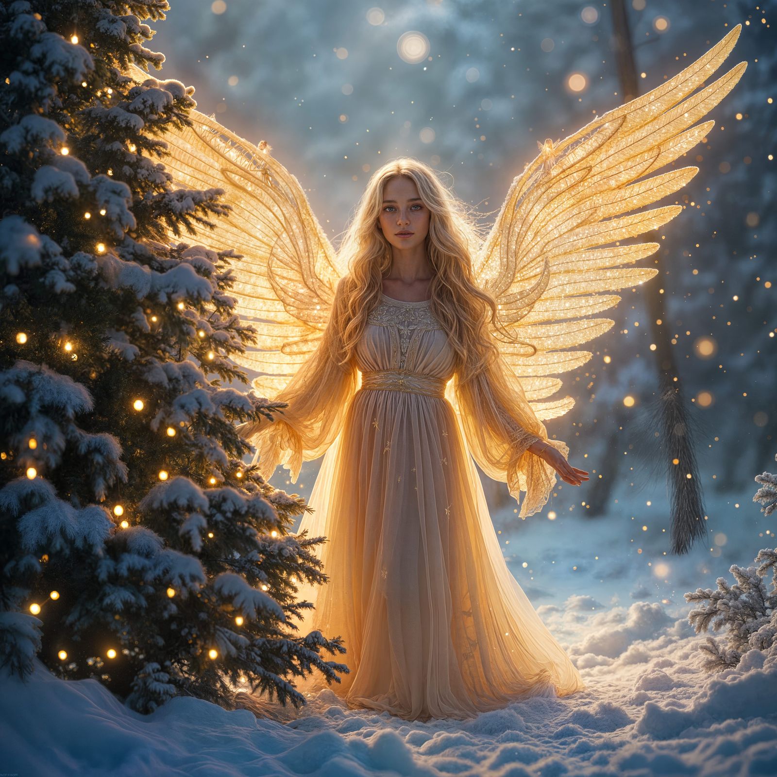 Iridescent Angel Emerges from Christmas Tree