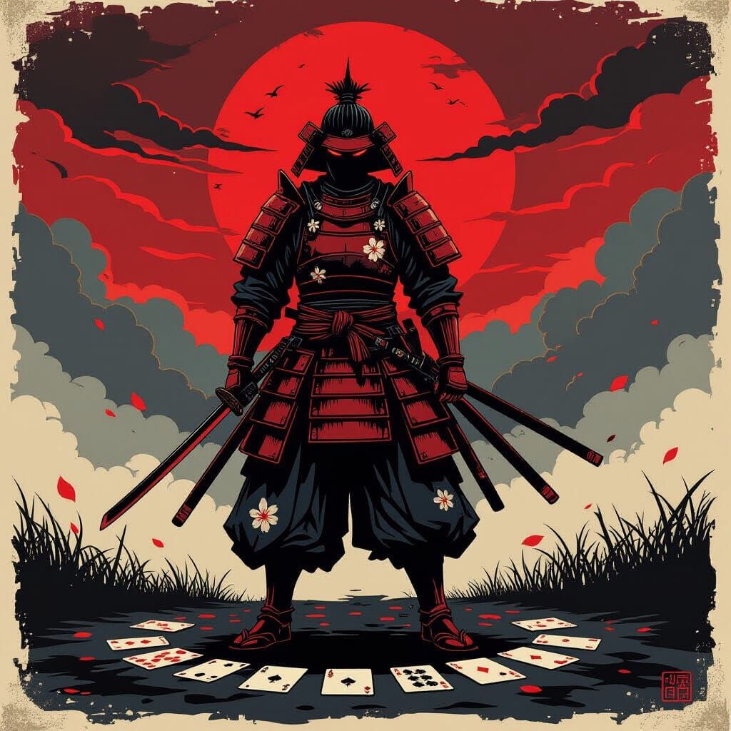 Lone Samurai in Crimson Armor Against Blood-Red Sky