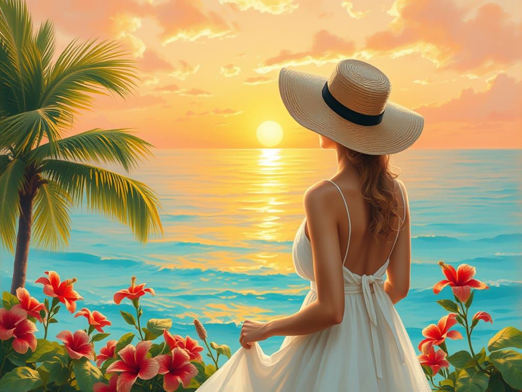 Impressionist Woman Gazing at Turquoise Ocean