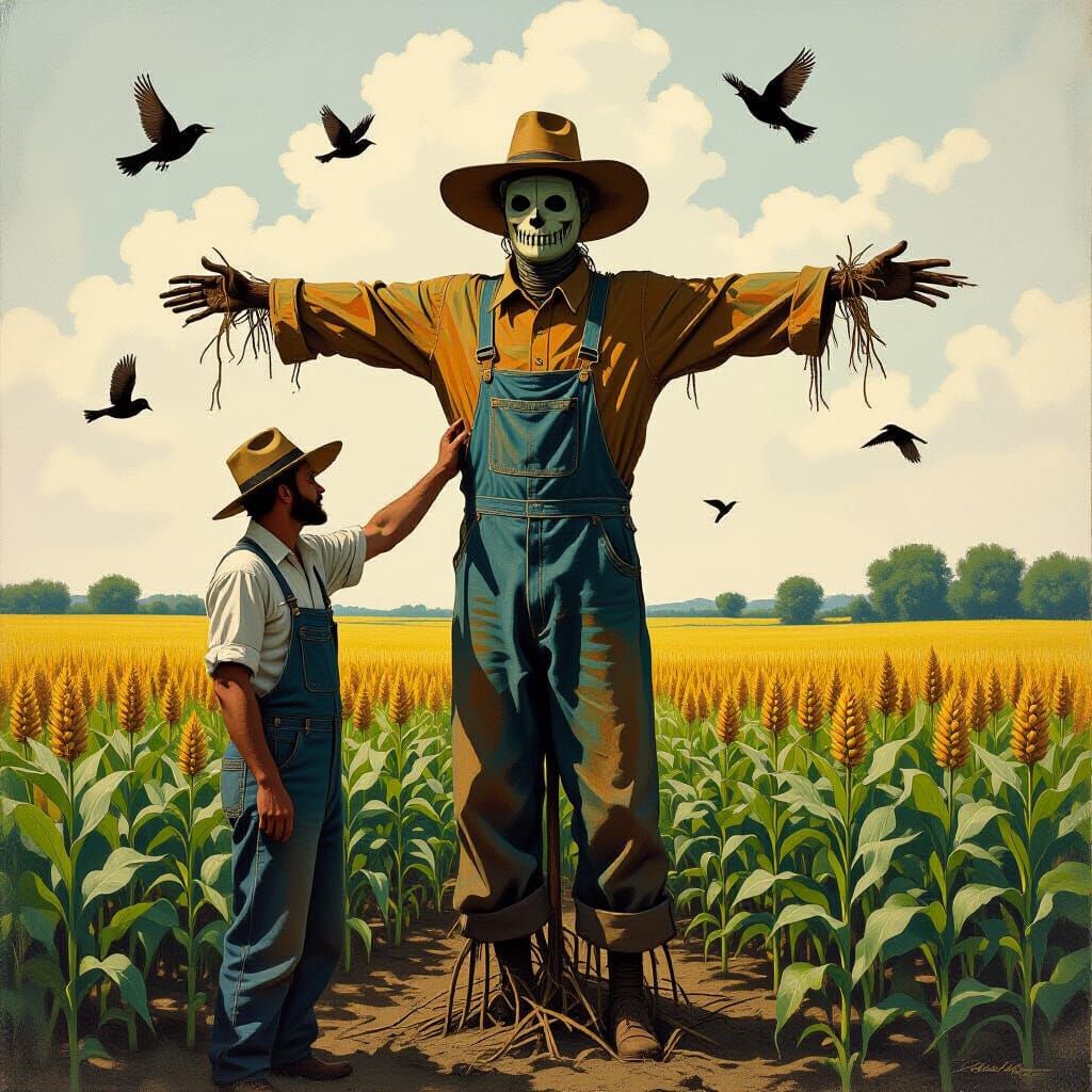 Ominous Scarecrow in Crop Field, Folk Art Style