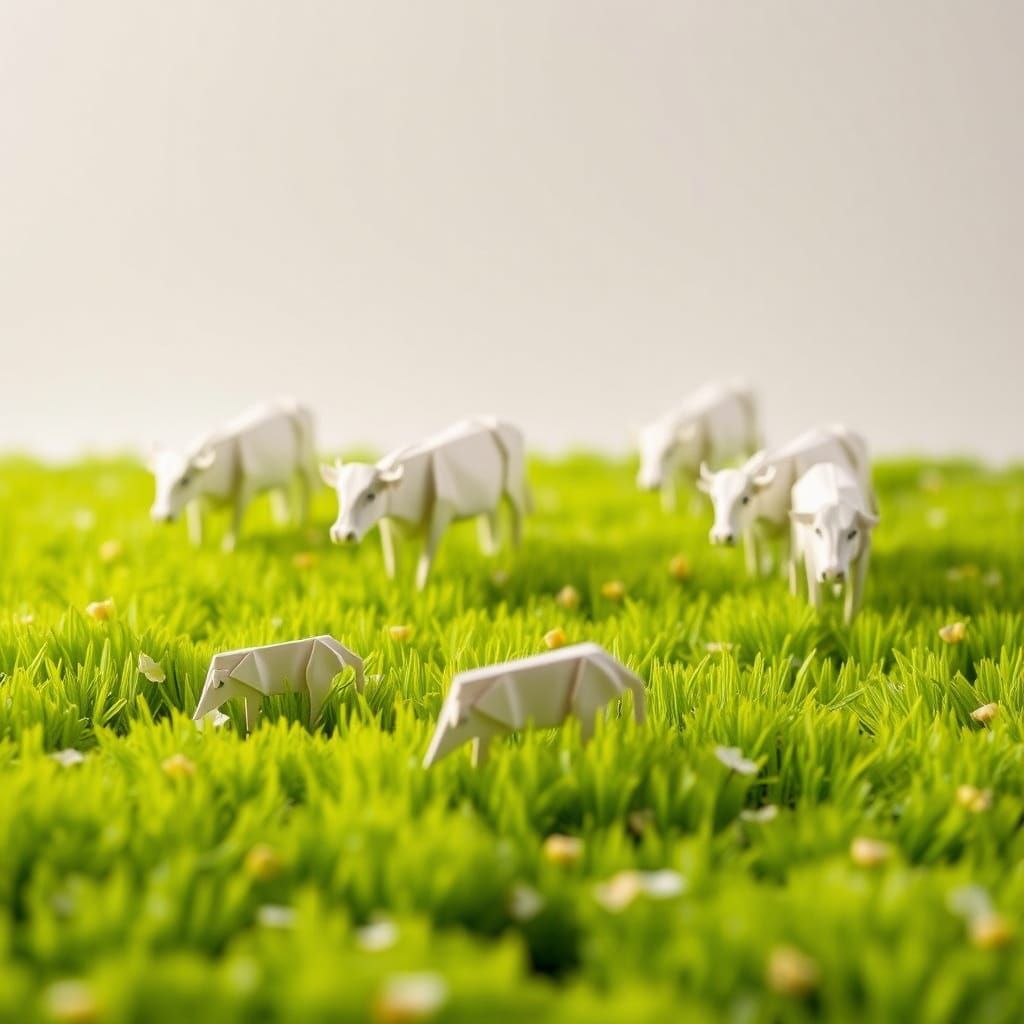 Origami Cows Grazing in Lush Meadow