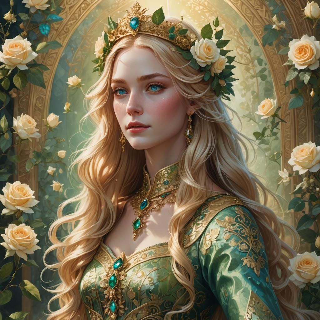 Regal Woman with Floral Crown: Fantasy Art Portrait