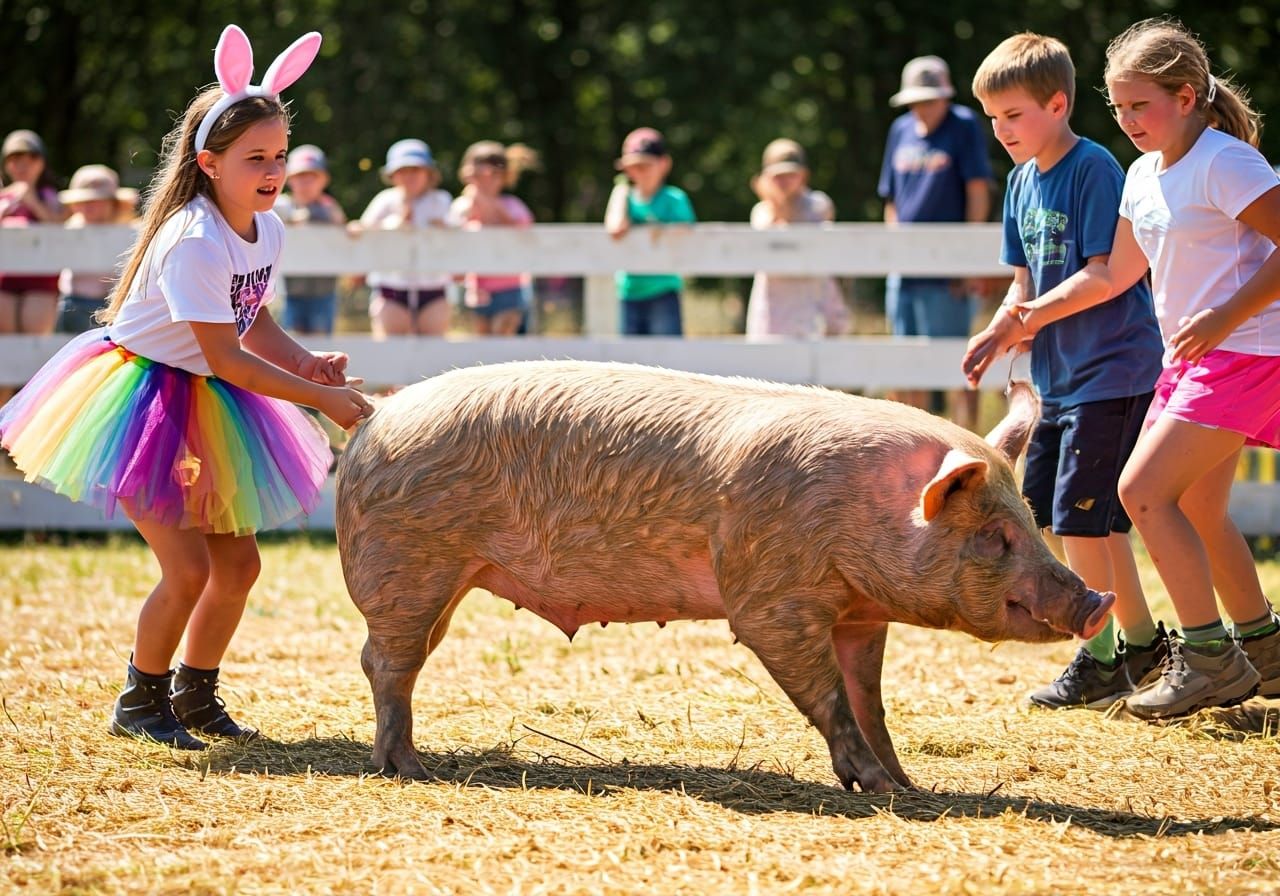 Children Catch Greased Pig at County Fair