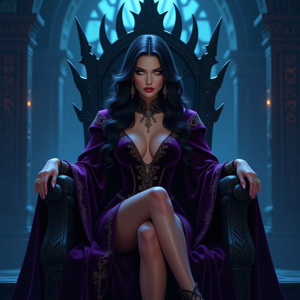 Sorceress on Obsidian Throne in Digital Art Style