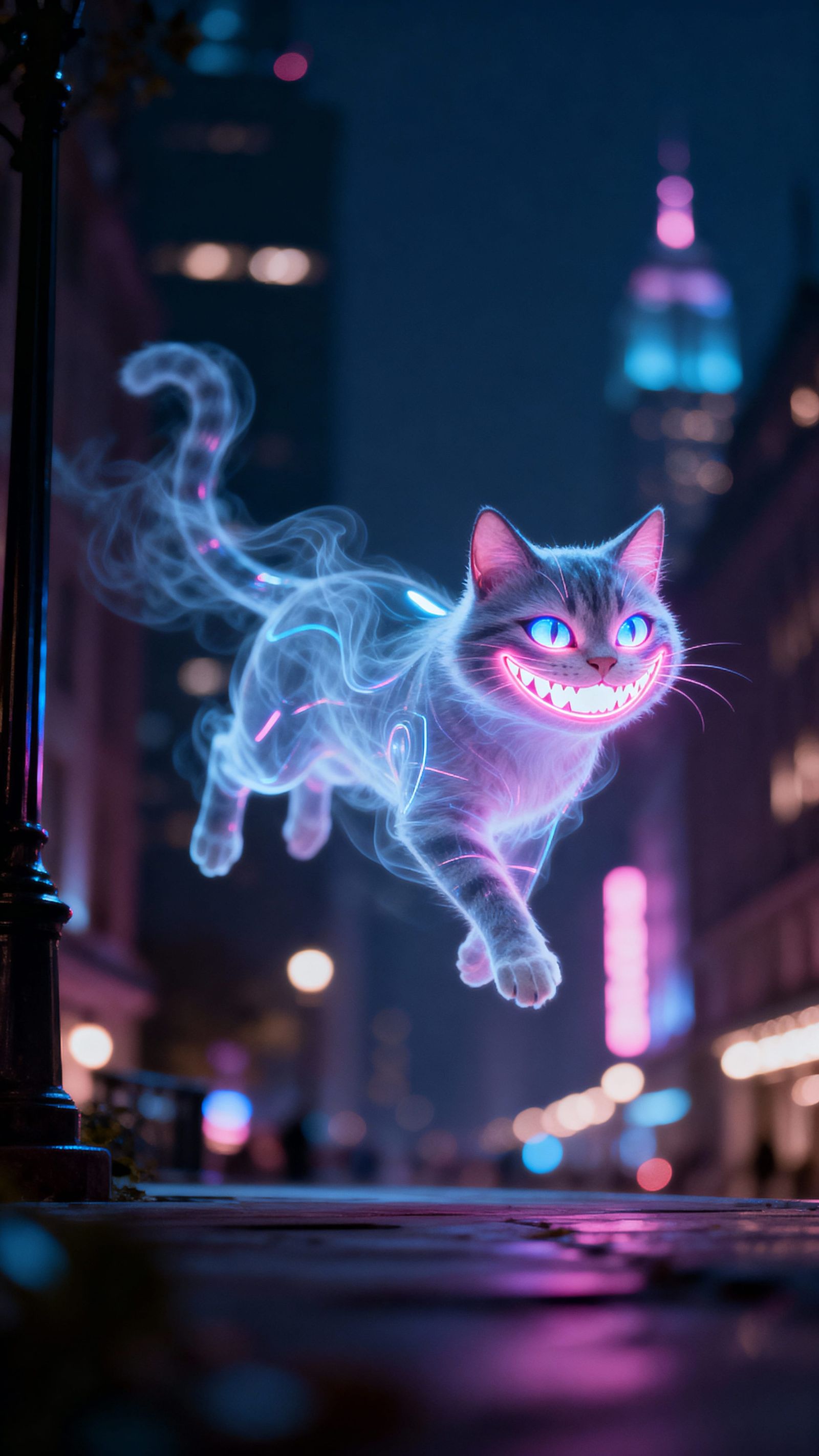 Mysterious Floating Cheshire Cat Grin in Urban Night