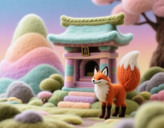 Mischievous Kitsune Yarn Bombing Shrine in Felted Landscape