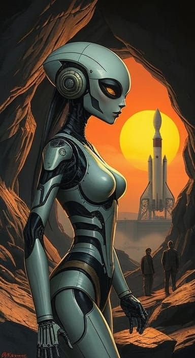 Majestic Alien Cyborg Robot in Retro-Pinup Style
