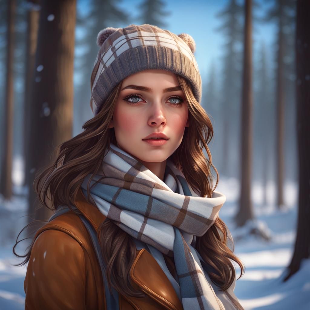 Cute Girl Portrait in Snowy Landscape, Digital Art