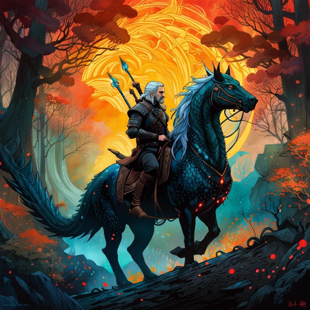 Witcher Rides Dragon in Luminous Watercolor Forest