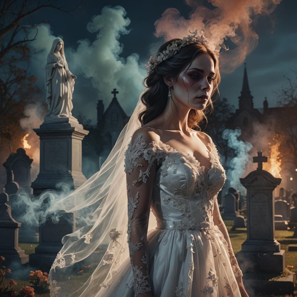 Ghostly Bride Apparition in Cemetery Splash Art