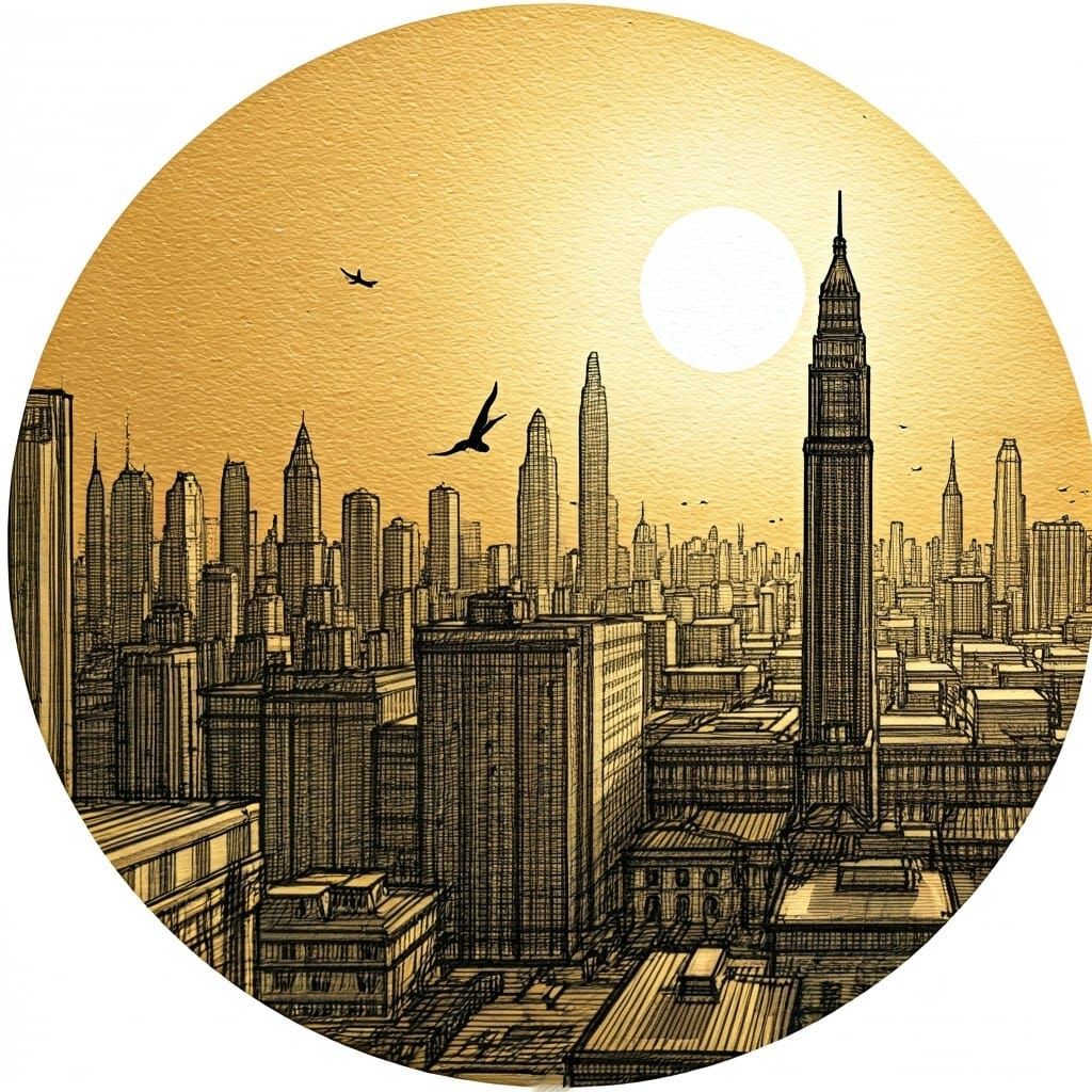 Minimalist Ink Sketch of Cityline at Golden Sunrise