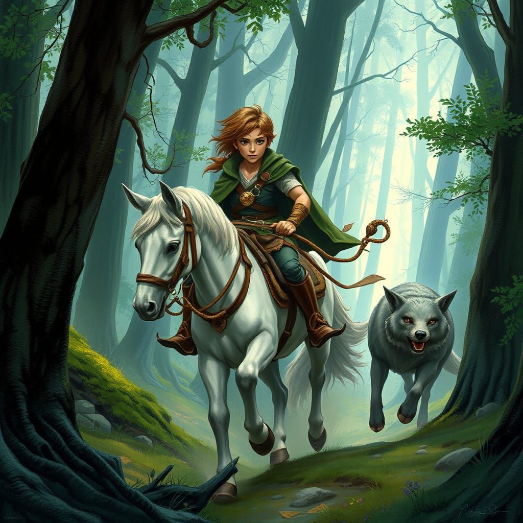 Brave Warrior Chases Gmork through Mystical Forest in Fantas...