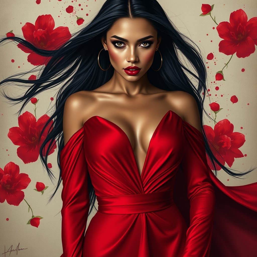 Elegant Mexicana Latina Goddess in Red Gown