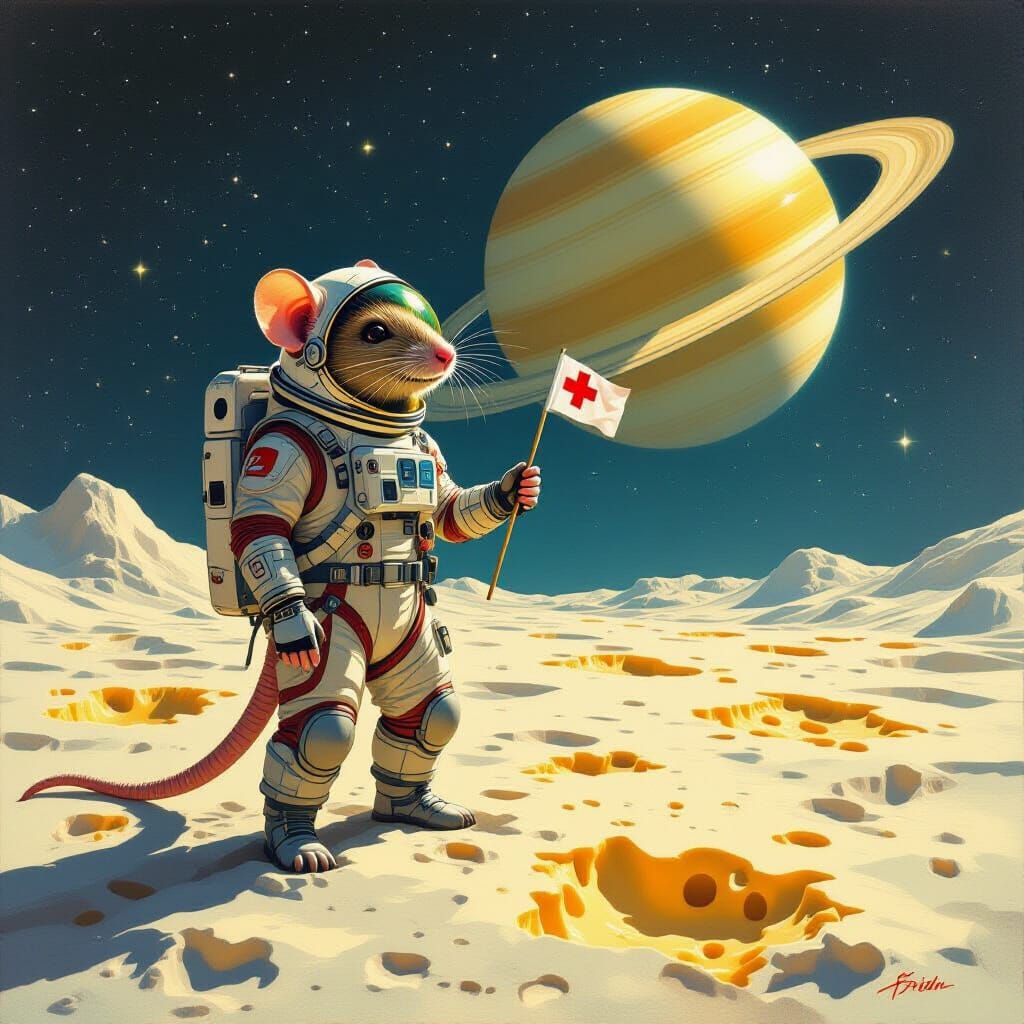 Humanoid Rat Explorer on Cheese Moon in Retro Sci-Fi Style
