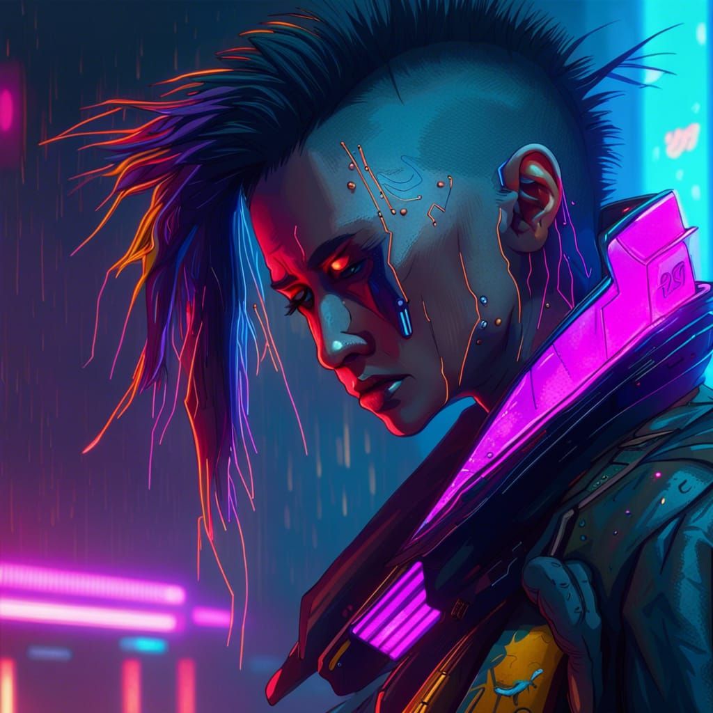 Distressed Bird in Cyberpunk Neon Cityscape