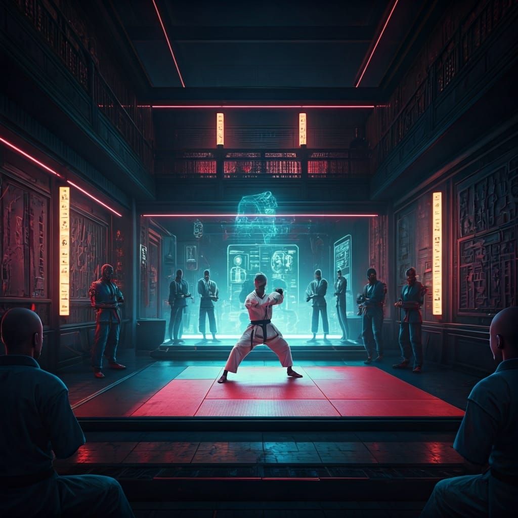 A futuristic dojo bathed in neon light, where androids pract...