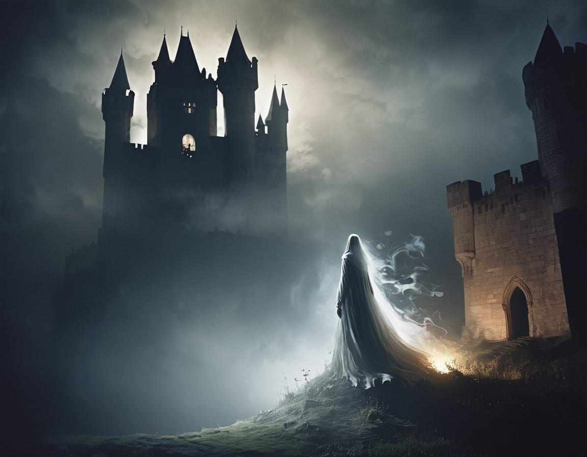 Ghostly Figure Emerges from a Castle in Mysterious Twilight