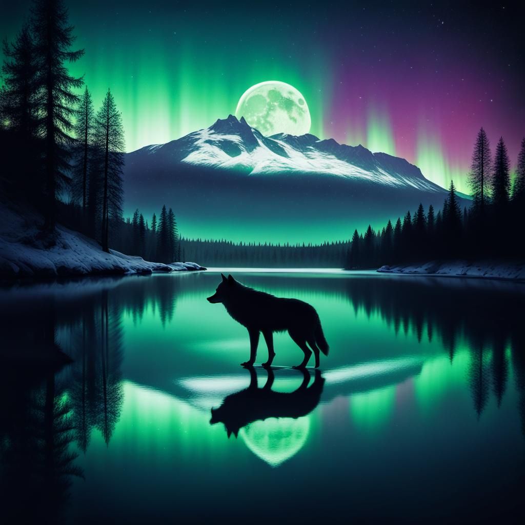 Wolf Silhouette with Aurora Borealis in Night Sky