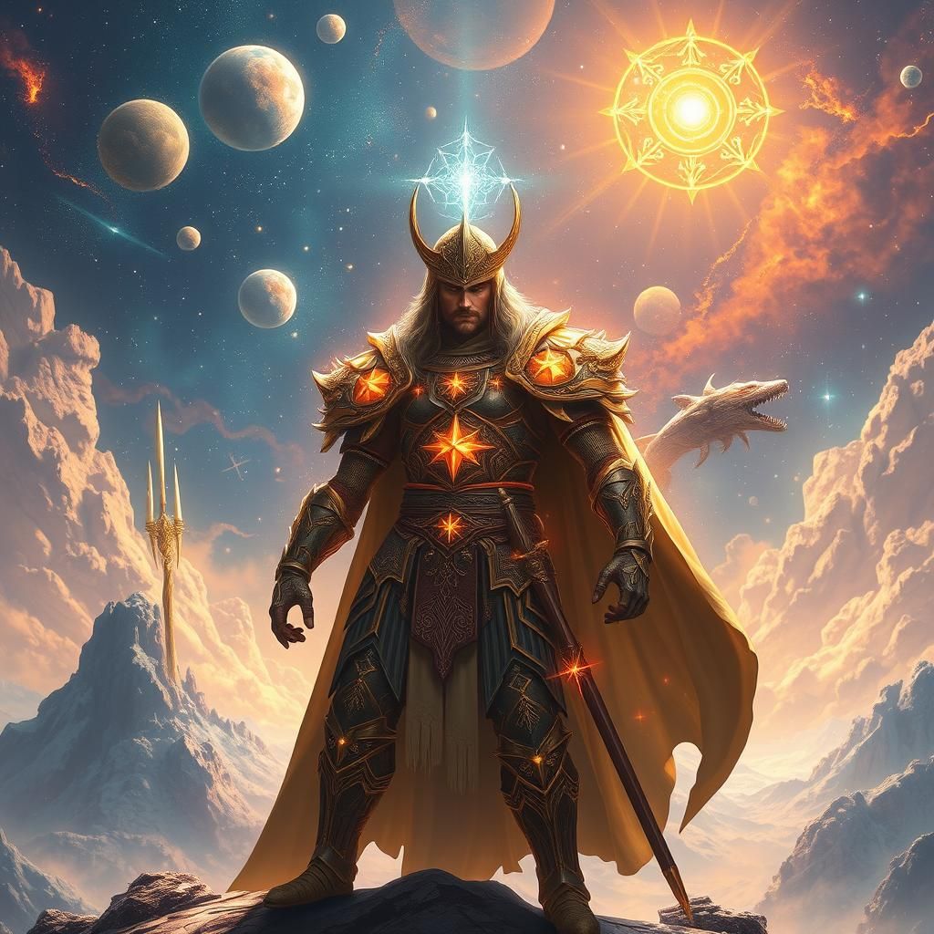 Celestial Warrior in Cosmic Realm of Stars