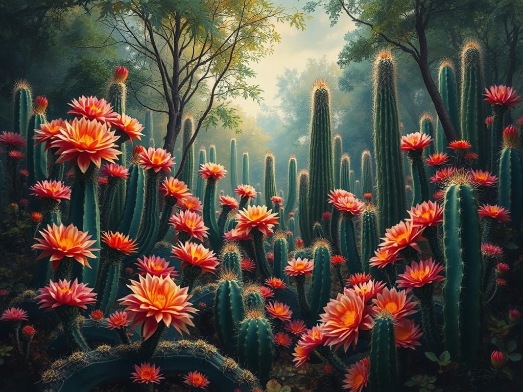 Surreal, Hyperrealistic Flowering Cactus Forest in Dramatic....