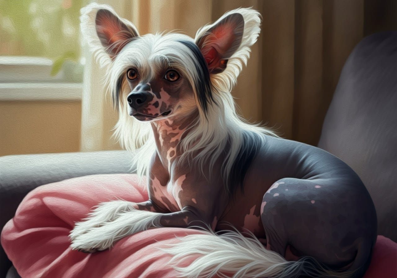 Grey Chinese Crested Dog Gazing Out the Window in Impression...