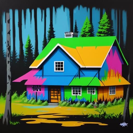 Colorful Forest Cottage with Puppy in Graffiti Art Style