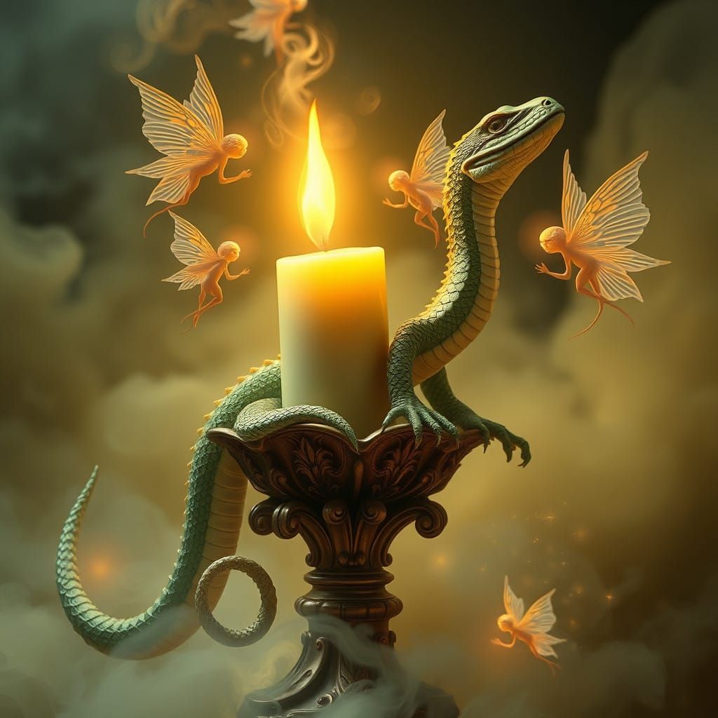 Majestic Serpentine Lizard Candle Surrounded by Dancing Elve...