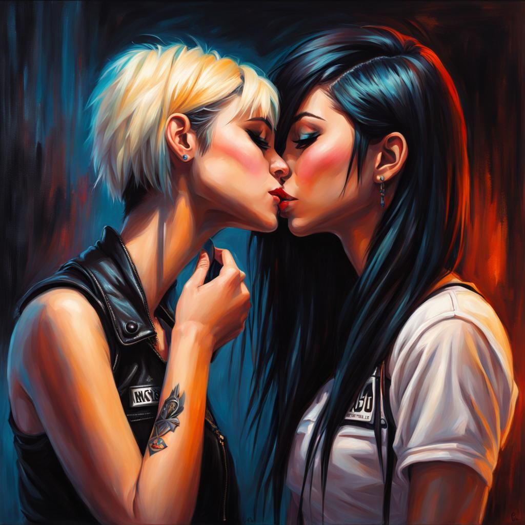 Lesbian Couple Kissing in Dreamcore Oil Painting