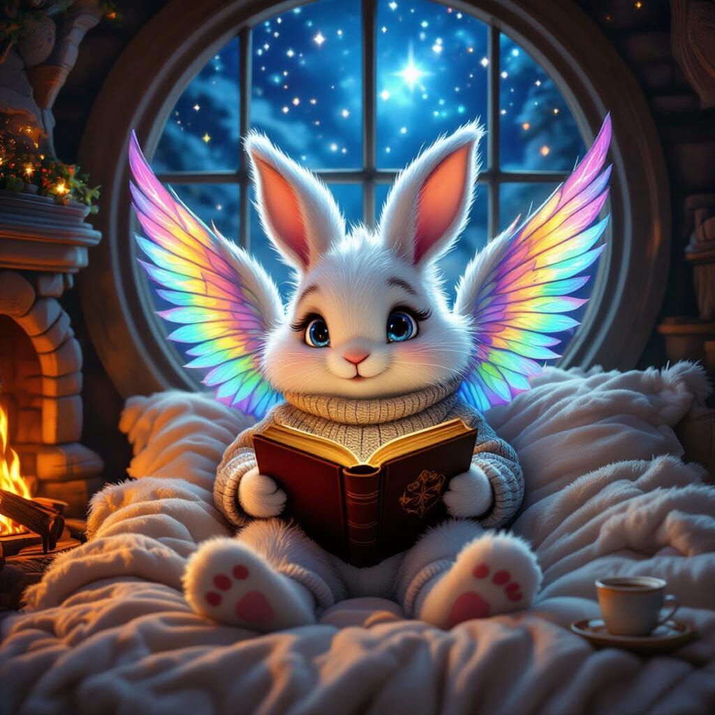 Mystical Bunny Relaxing by Fireplace with Magical Wings