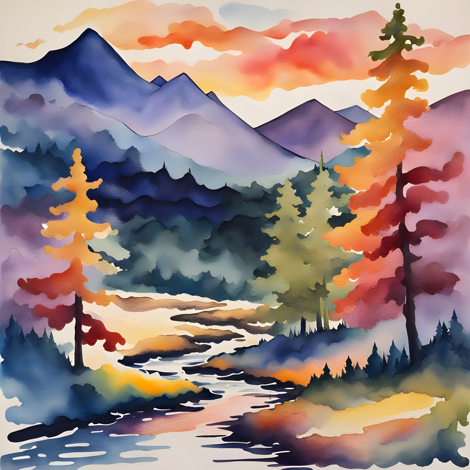 abstract sunset, abstract mountains, abstract pine trees, ab...