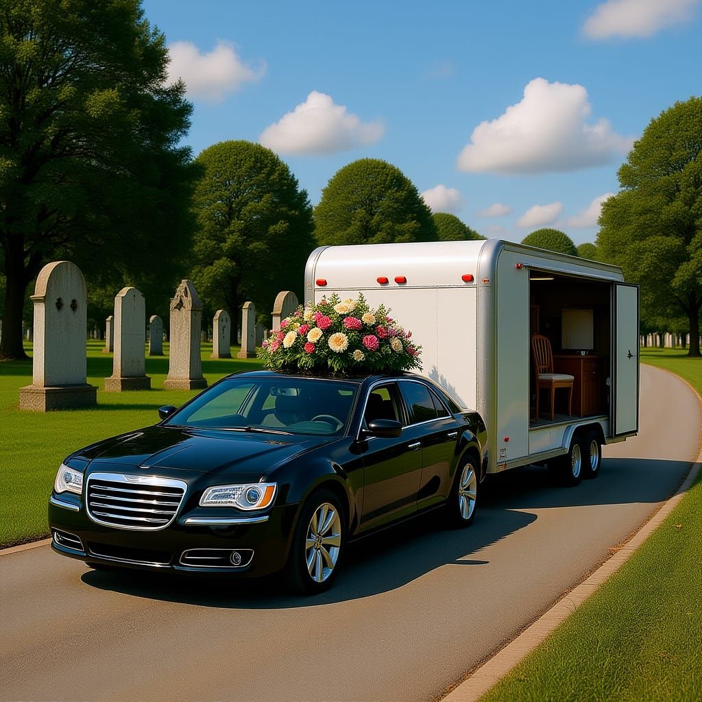 Hearse Pulling U-Haul Through Cemetery as Digital Art