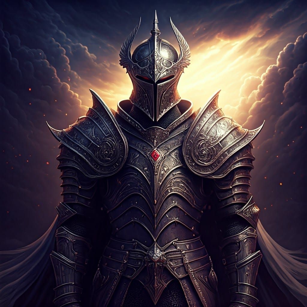 Brooding Knight in Gothic Armor with Silver Accents