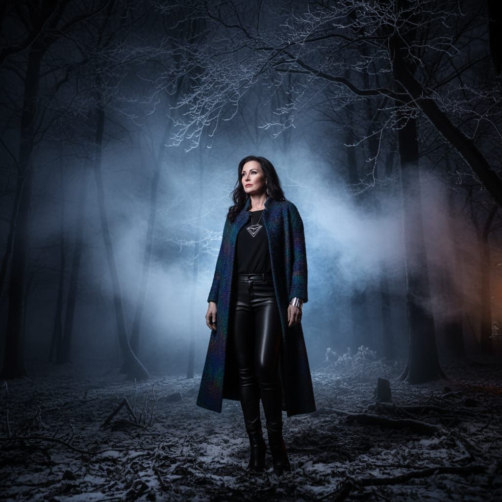 Elegant Woman in Misty Winter Forest at Night