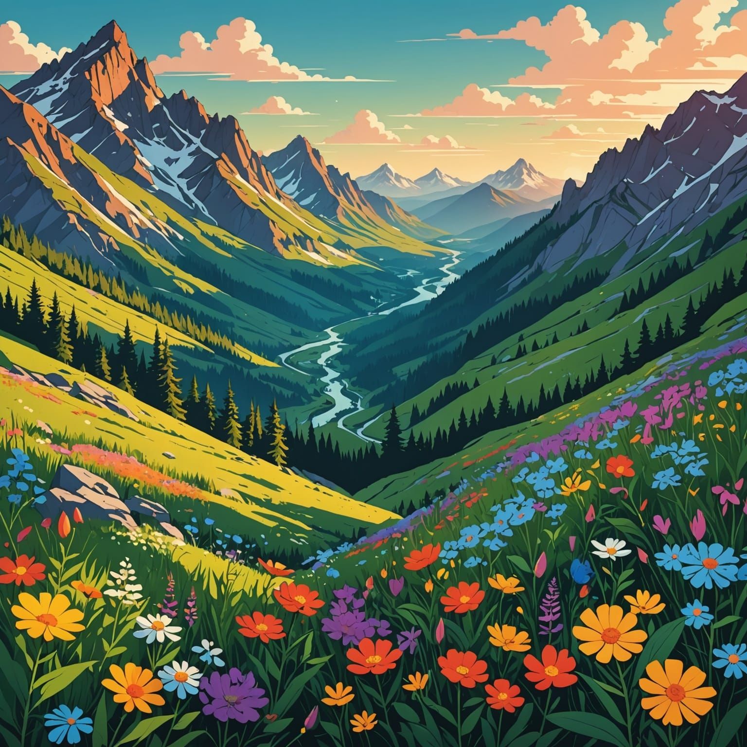 Wildflowers Flow Through Mountains in Anime Style