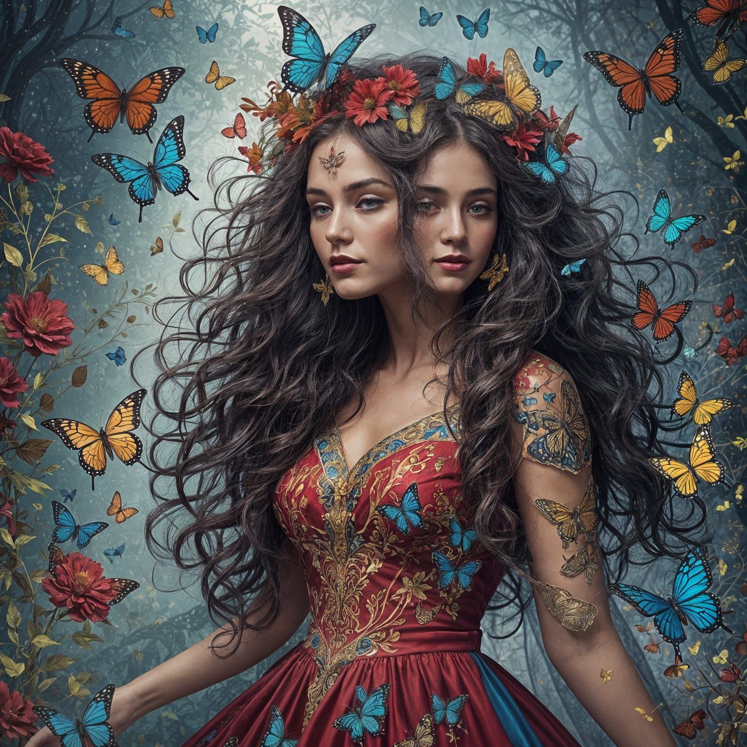 Create a digital illustration of an elegant woman With her long dark curly hair wearing a blue butterflies in her hair, ...