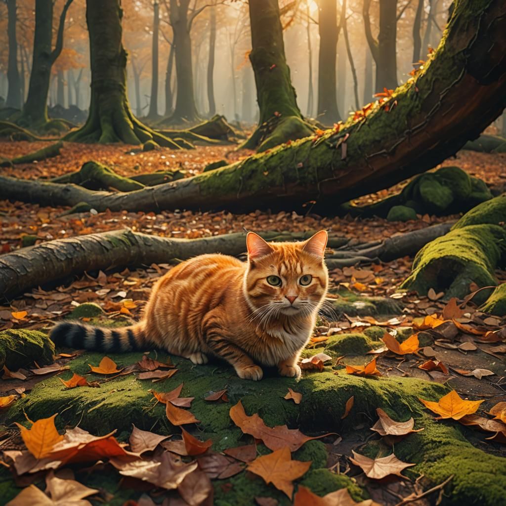Cat in Autumn Leaves: Photorealistic Fantasy Art