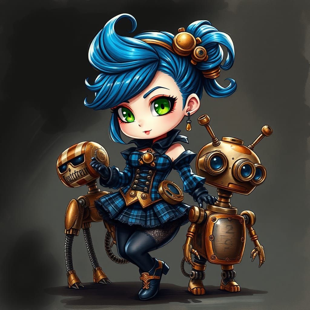 Steampunk Chibi Babe with Robot Companion