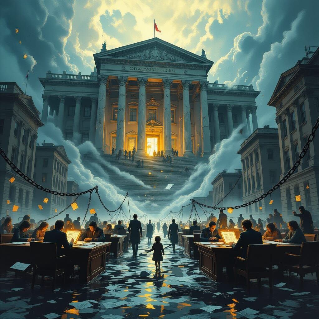 Government Hall Floats Above Stormy City in Cinematic Style