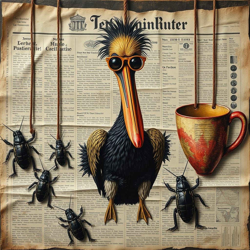 Surreal Scene of People and Cockroaches on Newspaper