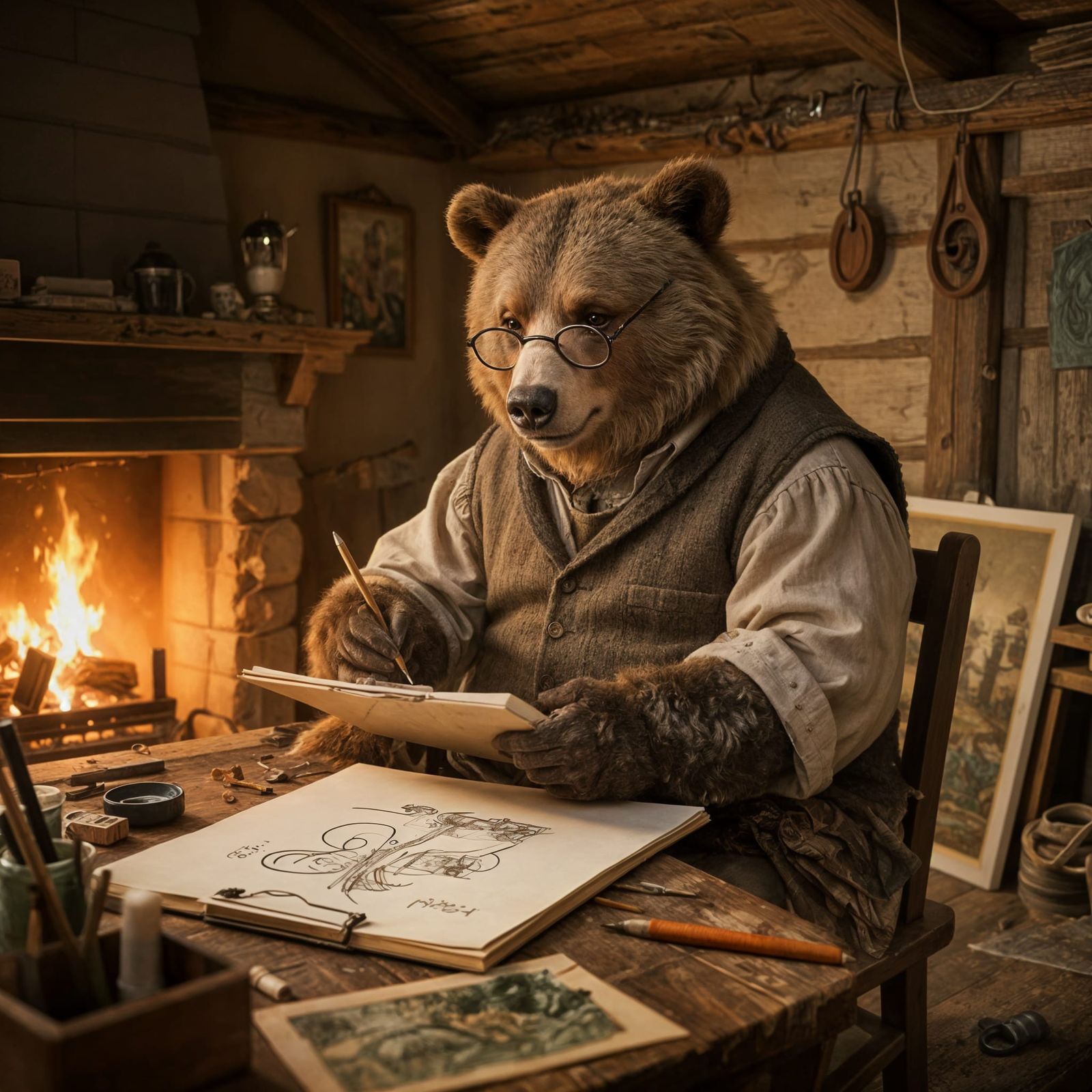 Bear Artist in Rustic Cabin Concept Art