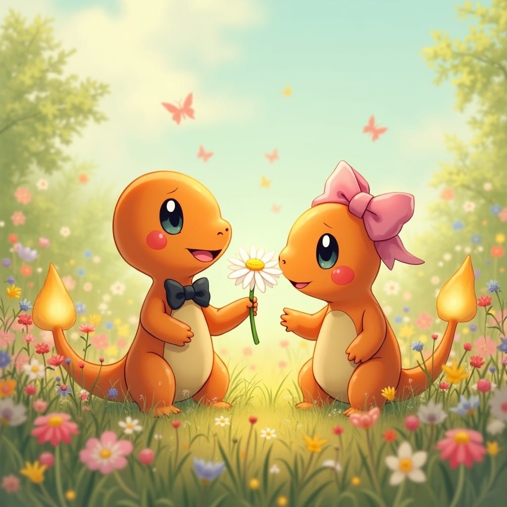 Charmander's Floral Gift: A Pastel Meadow Romance