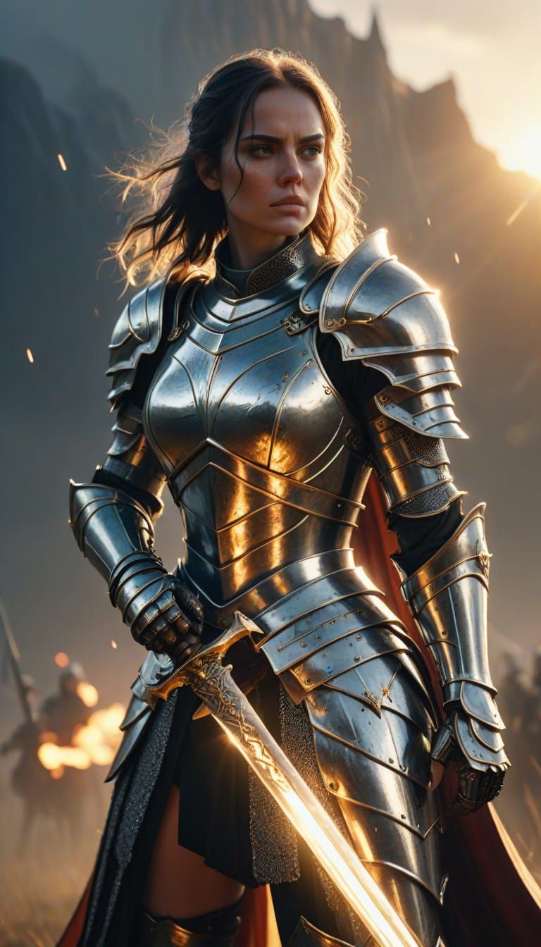 Female Knight with Glowing Sword on Battlefield