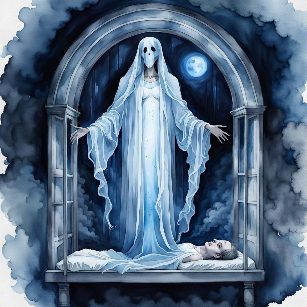 Ethereal Ghost Ascends from Dying Body: Watercolour Painting